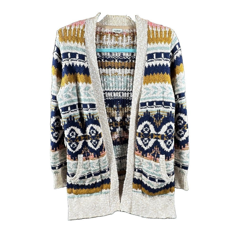 LL Bean Women Small P Aztec Fair Isle Cotton Ragg Cardigan Sweater Long Nordic